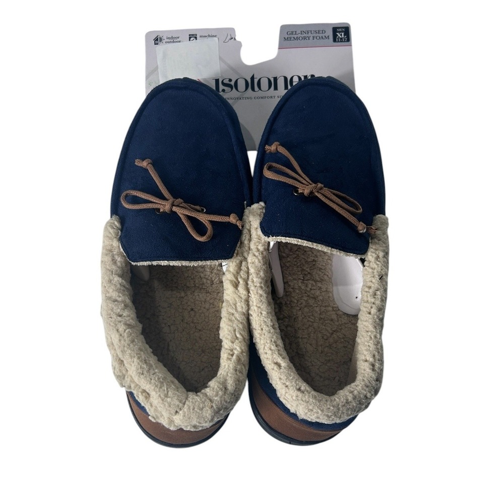 Isotoner Mens XL 11-12 Gel-Infused Memory Foam Moccasin Slippers Navy Blue NEW